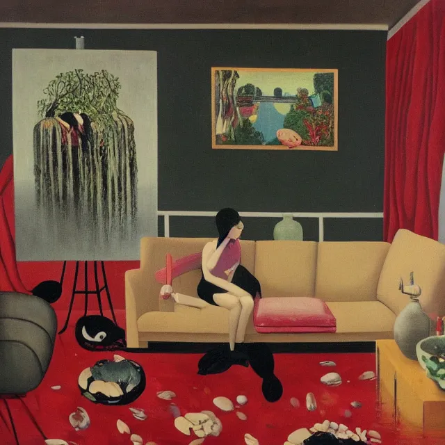 Image similar to female emo art student in her lounge room, painting of flood waters inside an artist's loungeroom, a river flooding indoors, pomegranates, pigs, ikebana, water, octopus, river, rapids, waterfall, black swans, canoe, berries, acrylic on canvas, surrealist, by magritte and monet