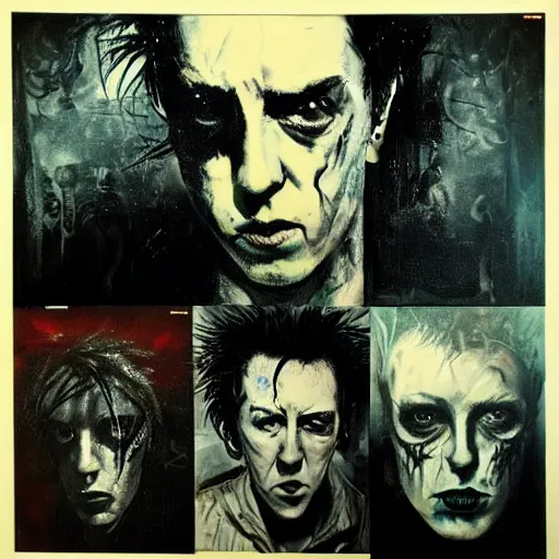 Image similar to stunning portrait of gaunt joe strummer a ( the cure fan ) as dream from sandman, dim stars as eyes, by jeremy mann, by cedric peyravernay, by by russ mills, by richard avedon and ben templesmith, dramatic lightning, sadness, dark eye sockets, in the shadows, punk rock, gothic, high detailed, 8 k