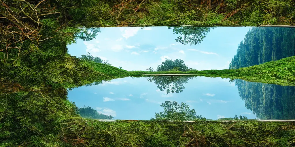 Image similar to a very high resolution image from a new movie, upside - down building, forest, sea, sky, mirror, beautiful scenery, photorealistic, photography, directed by wes anderson