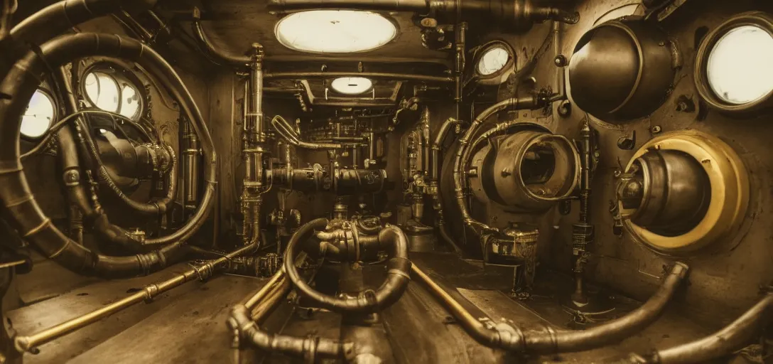 Prompt: photograph of a dieselpunk submarine interior set design, pre - ww 1 submarine, brass wheels, pipes, tubes and gauges, simona sbaffi is the captain, cinematic, arri alexa, anamorphic bokeh, 4 k, trending on vimeo