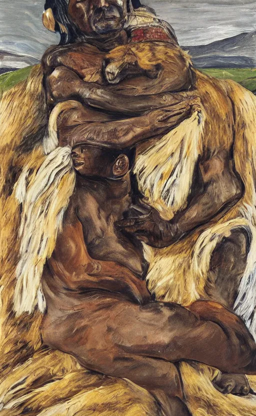 Image similar to full body shot picture of indigenous people leader leaning on a bear, painted by lucian freud, hd, super detailed, realistic, muted colors