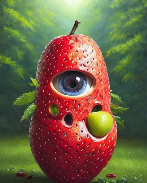 Image similar to portrait of a cute fruit figurine monster made of different fruit, standing in a forest, staring wide open eyes, open mouth, very detailed eyes, trees in the background, sunlight, oil painting, highly detailed, dramatic lighting, hyperrealistic, 8 k, smooth, intricate, artstation, cgsociety, by artgerm, by wlop