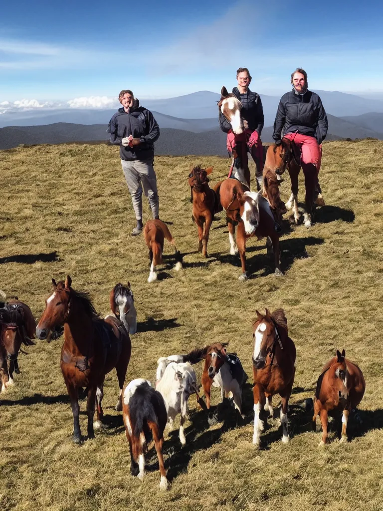 Prompt: the saalfield clan on top of mt bogong snow capped and on fire and light with a sound cloud above with horses, dogs coming out of it somewhere