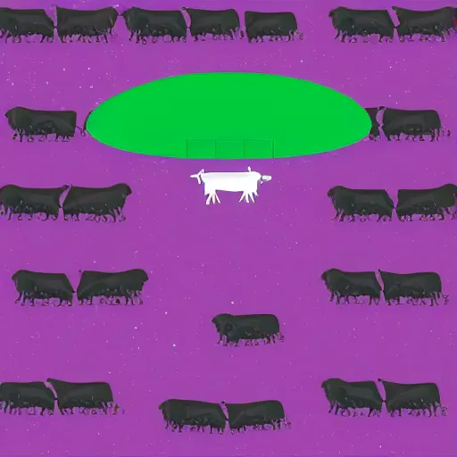 Prompt: cows being abducted by ufo in summer night from pasture. aerial view with blank billboard, minimalism, precisionist in style of patrick nagel, purple and green gamma with pink contrast