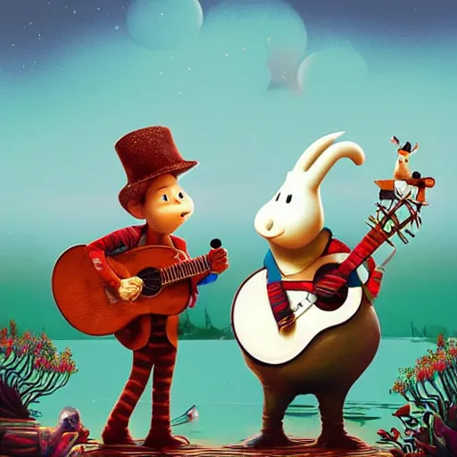 Image similar to lofi biopunk portrait of the Moomins playing mariachi, Pixar style, by Tristan Eaton Stanley Artgerm and Tom Bagshaw.