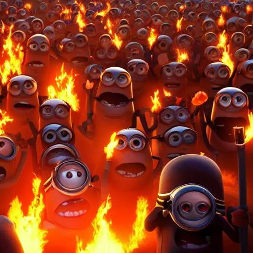 Image similar to POV of one hundred minions chasing you. The minions are carrying torches and pitchforks. The minions are angry. concept art, sharp lighting, 4k, detailed, Peter Jackson, Ridley Scott, bright colors