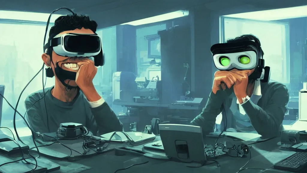 Prompt: hacker at a computer in a vr mask in a scifi movie, by jamie hewlett, nuri iyem, james gurney, james jean, greg rutkowski, anato finnstark. pixar. hyper detailed, 5 0 mm, perfect faces