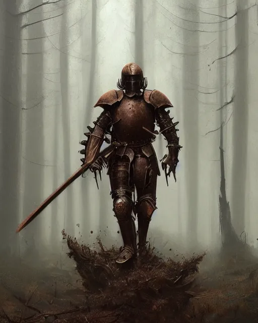 Image similar to Hyper realistic painting of a knight in full plate armor that has completely turned to rust, hyper detailed, surrounded by a dark forest, fog, moody, creepy, cinematic lighting, by greg rutkowski, trending on artstation