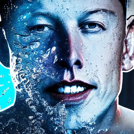 Image similar to water artwork manipulation in the shape of elon musk head, on the ocean water, ray tracing, realistic water sharp focus, long shot, 8 k resolution, cinematic, amazing water art