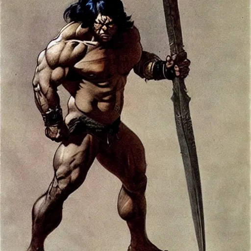 Image similar to by Frank Frazetta style, barbarian with extraordinary muscle structure with long sword, wide view, well-defined anatomy, high quality details, deep depth of field, denoise