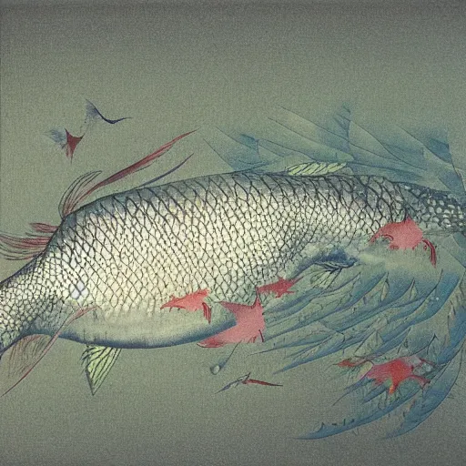 Image similar to carp falling from the sky, yoshitaka amano