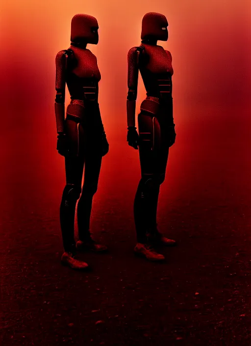 Prompt: cinestill 5 0 d photographic portrait by steve mccurry of two loving female androids wearing rugged black mesh techwear on a desolate plain with a red sky, extreme closeup, cyberpunk style, dust storm, 8 k, hd, high resolution, 3 5 mm, f / 3 2, ultra realistic faces, ex machina, blade runner