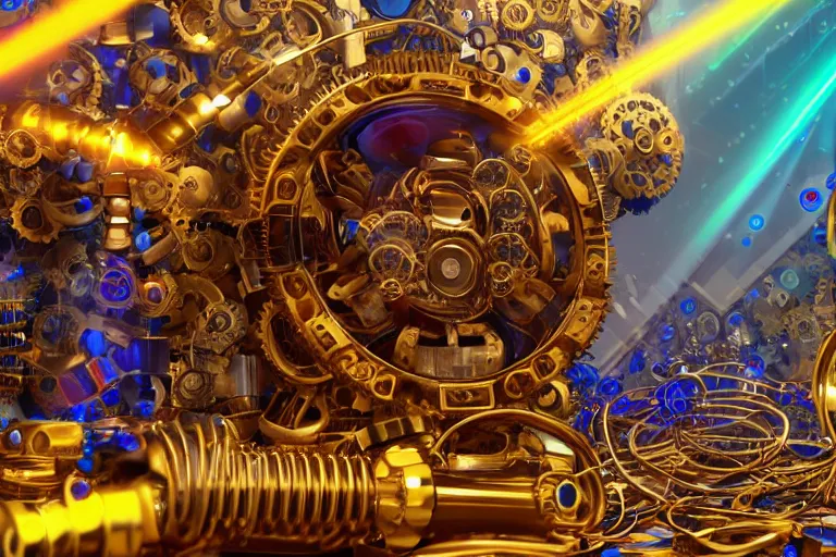 Prompt: photo of a huge golden and blue metal steampunk office robot with gears and tubes, in front is a huge pile of dollars, eyes are glowing red lightbulbs, shiny crisp finish, 3 d render, 8 k, insaneley detailed, fluorescent colors, background is multicolored lasershow