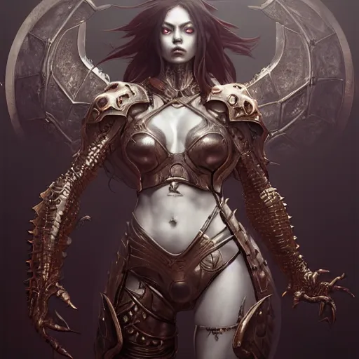 Image similar to female armored demon lord, ultra realistic, concept art, intricate details, eerie, highly detailed, photorealistic, octane render, 8k, unreal engine, art by artgerm and greg rutkowski and alphonse mucha