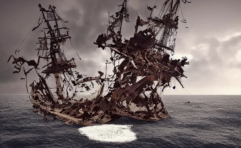 Image similar to “Pirate ship wreck falling off a Floating island from the sky, 4k, cinematic, award winning”