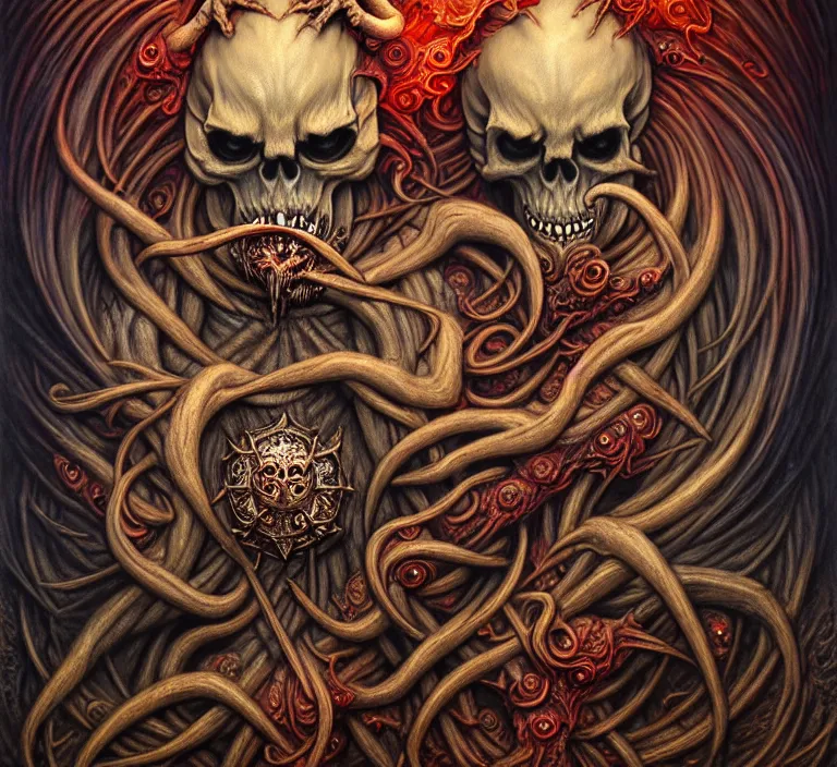 Image similar to A beautiful detailed grotesque monster super cute tarot card, by tomasz alen kopera and Justin Gerard, symmetrical features, ominous, magical realism, texture, intricate, ornate, royally decorated, skull, skeleton, whirling smoke, embers, red adornements, red torn fabric, radiant colors, fantasy, trending on artstation, volumetric lighting, micro details, 3d sculpture, ray tracing, 8k, anaglyph effect, digital art