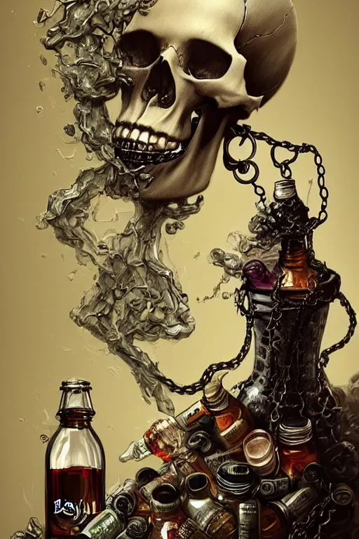 Prompt: beutifull and very tired womanlooking pile off empty bottles, skull made out of smoke coming out of bottles,, fantasy, intricate, elegant, highly detailed, digital painting, artstation, concept art, addiction, chains, smooth, sharp focus, illustration, art by Ilja Repin