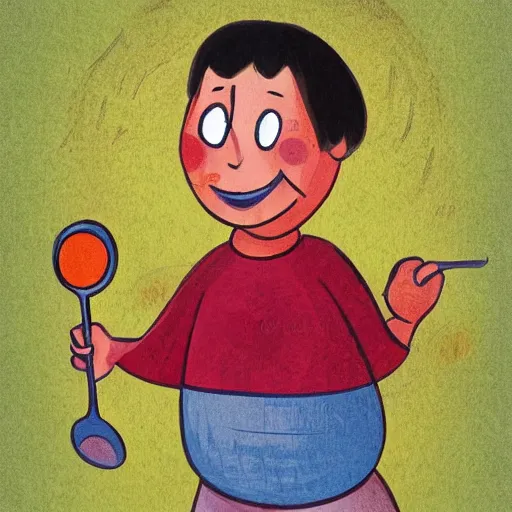 Prompt: happy boy holding a spoon on his nose, illustration,, high detail, cheerful colours