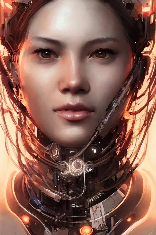 Image similar to Portrait of beautiful smiling Ultra realistic illustration, beautiful alluring female cyborg, cyberpunk, sci-fi, fantasy, intricate, elegant, highly detailed, digital painting, artstation, concept art, smooth, sharp focus, illustration, art by Yintion J , Jiang Geping and artgerm and greg rutkowski and alphonse mucha.