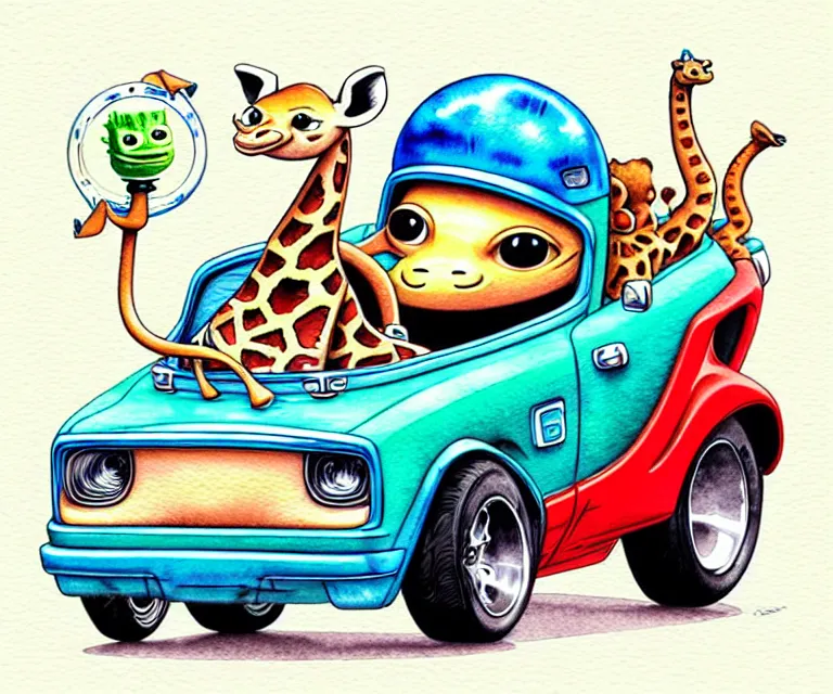 Image similar to cute and funny, baby giraffe wearing a helmet riding in a tiny hot rod with oversized engine, ratfink style by ed roth, centered award winning watercolor pen illustration, isometric illustration by chihiro iwasaki, edited by range murata, tiny details by artgerm and watercolor girl, symmetrically isometrically centered