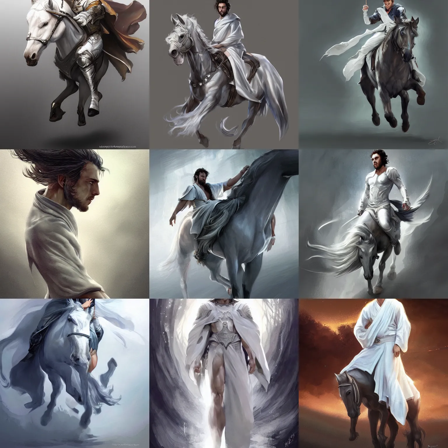 Prompt: distant full body view, silver aaron taylor johnson in white robes riding a horse, digital painting, concept art, smooth, sharp focus, illustration by artgerm, yoshitaka amano, krenz cushart, shinji aramaki