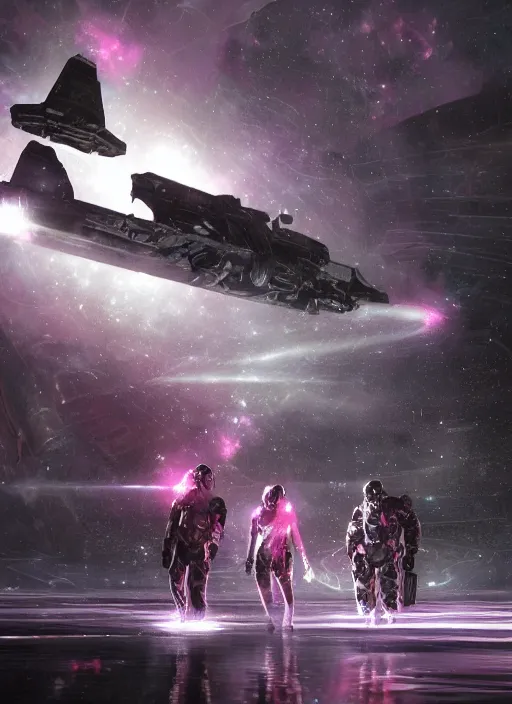 Prompt: concept art by craig mullins infrared complex and hyperdetailed technical pink astronauts floating in futuristic dark and empty spaceship underwater. reflection and dispersion materials. rays and dispersion of light. volumetric light. 5 0 mm, f / 3 2. noise film photo. flash photography. unreal engine 4, octane render. interstellar movie art