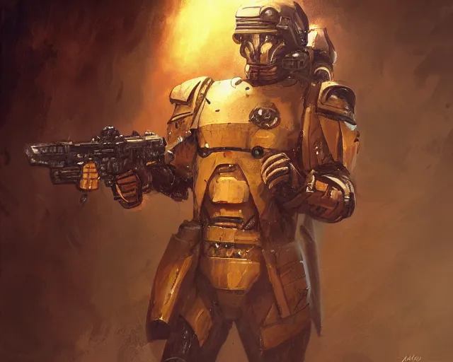 Image similar to oil painting a tau soldier from warhammer as a doomguy, elegant, detailed, fantasy, hd shot, digital portrait, beautiful, artstation, comic style, unreal engine, by artgerm, guy denning, jakub rozalski, magali villeneuve and charlie bowater