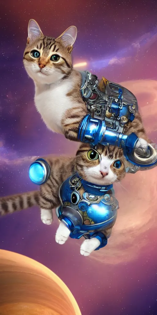 Image similar to A cat with beautiful blue eyes flying in a steampunk space suit over the Saturn planet, digital illustration, concept art, 8k, trending on artstation, highly detailed