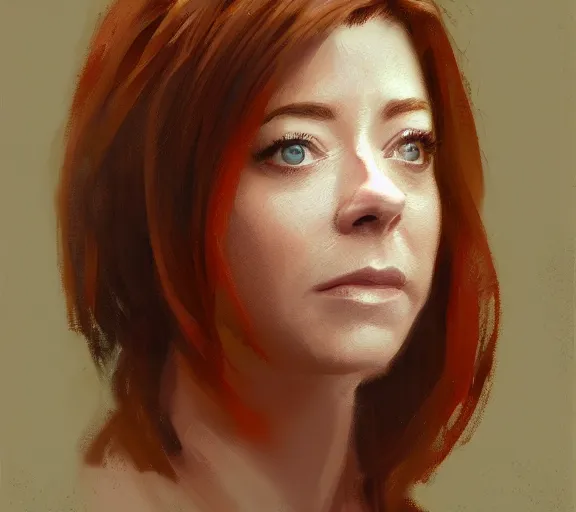 Prompt: a hyper-detailed portrait of Alyson Hannigan by Craig Mullins; oil on canvas; trending on artstation; 90mm; f/1.4