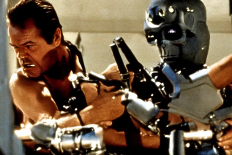 Image similar to Jack Nicholson plays Terminator, scene where he saves Sarah Connor, still from the film