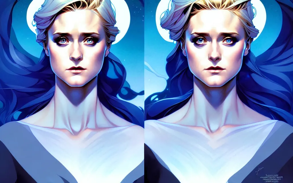 Image similar to artgerm, joshua middleton comic cover art, full body pretty evan rachel wood ice queen, symmetrical eyes, symmetrical face, long curly blue hair, icy forest, chiral lighting