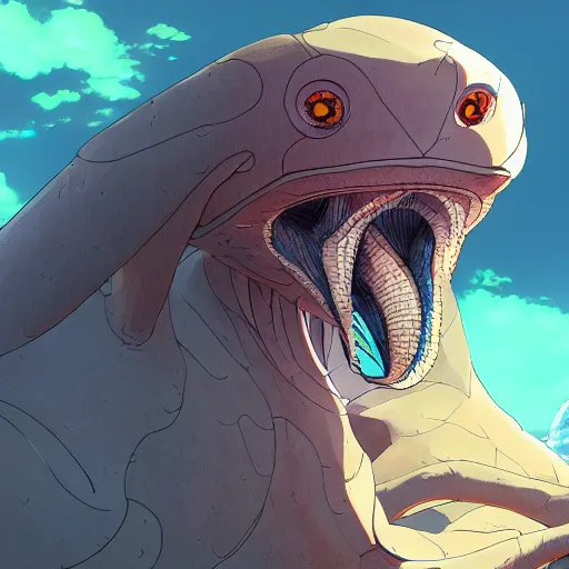 Image similar to concept art painting of an alien animal creature, detailed, cel shaded, in the style of makoto shinkai and moebius and james gurney