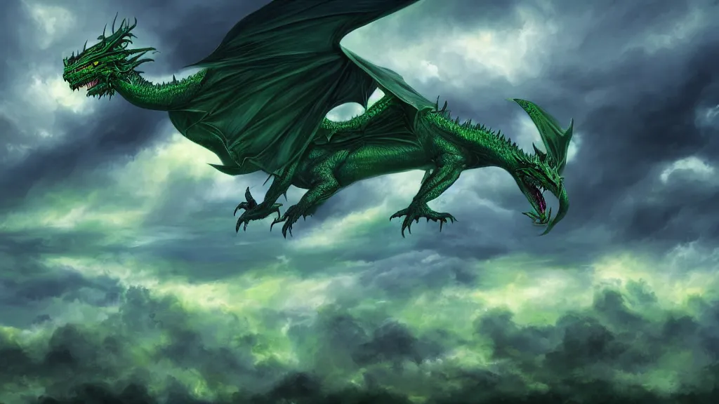 Image similar to surrealist painting of a huge green dragon flying through a stormy cloudy sky, lightning striking all around it, blue and green color scheme, fantasy artwork, award winning, hyper detailed, very very very beautiful, studio lighting, artstation