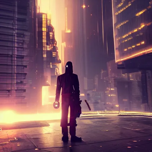 Image similar to anonymous guard with bling hair cyberpunk, crowd in front of building detailed, cinematic light, cinematic epic, unreal engine 4 k, 8 k, detailed, ultra realistic, anime