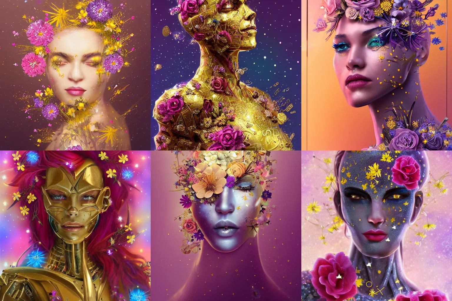 Prompt: cyborg made of beautiful flowers and stars. fantasy art. trending on artstation. 4 k. pastel. golden foil. elegant. rose, dandelion, chamomile, lily