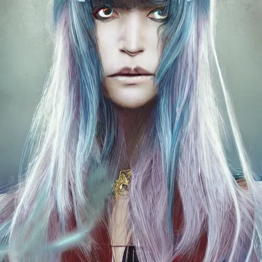 Image similar to full face shot of rimuru tempest, sky blue straight hair, long bangs, with amber eyes, wearing a black jacket, high collar, ultra detailed, concept art, award winning photography, digital painting, cinematic, wlop artstation, closeup, pixiv, evil, yoshitaka amano, andy warhol, ilya kuvshinov,