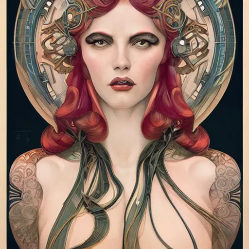 Image similar to an art nouveau, ( streamline moderne ), multi - racial portrait in the style of anna dittmann and donato giancola and chanthara. very large, clear, expressive, and intelligent eyes. centered, ultrasharp focus, dramatic lighting, photorealistic digital matte painting, intricate symmetrical ultra detailed background.