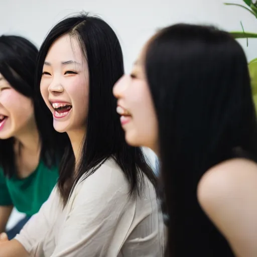 Prompt: close up studio shot of a group of beautiful young mixed Chinese Japanese women, long black hair, green eyes, laughing, photorealistic,8k, XF IQ4, 150MP, 50mm, F1.4, ISO 200, 1/160s, natural light