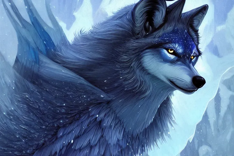 Image similar to blue wolf with wings, facing front, regal, elegant, winter, snow, beautiful, stunning, hd, illustration, epic, d & d, fantasy, intricate, elegant, highly detailed, digital painting, artstation, concept art, smooth, sharp focus, illustration, wallpaper, art by artgerm and greg rutkowski and alphonse mucha and jin xiaodi