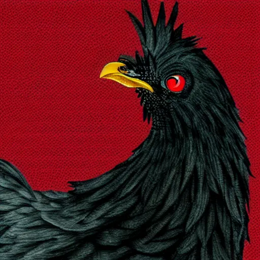 Image similar to crazy black chicken looking angry at you with red eyes, anime style