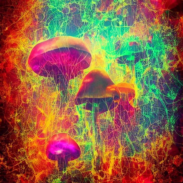 Image similar to double exposure of dally life, symbols of live, explosion, cyber mushroom city, love is the most relevant theme, love is infinity, love is begin of all, 8 k resolution, artistic mode, artistic, trending on instagram, long exposure, love art, serious, fantasy and dreams vibes, mushrooms style and macro style, colorful picture