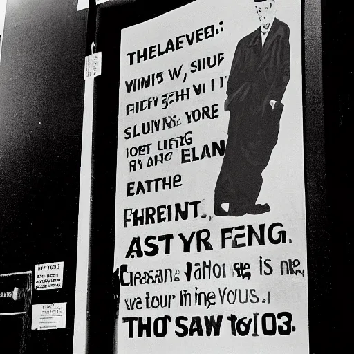 Prompt: The flat was seven flights up, and Winston, who was thirty-nine and had a varicose ulcer above his right ankle, went slowly, resting several times on the way. On each landing, opposite the lift-shaft, the poster with the enormous face gazed from the wall. It was one of those pictures which are so contrived that the eyes follow you about when you move. BIG BROTHER IS WATCHING YOU, the caption beneath it ran.