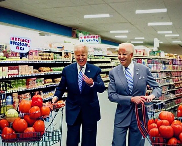 Image similar to joe biden and trump buying groceries. center frame medium shot, shot on technicolor cinemascope 35mm anamorphic lense, flare