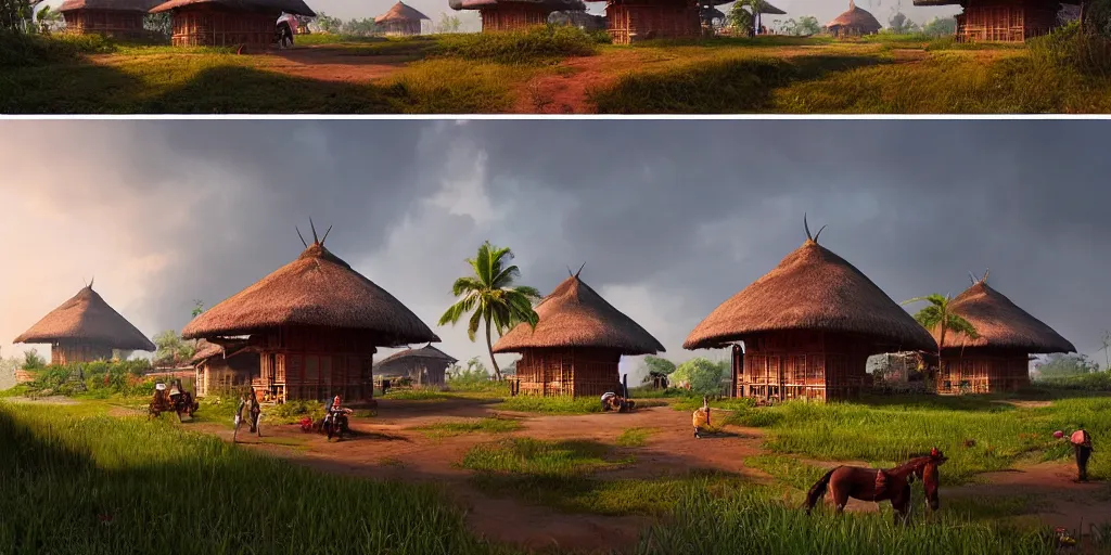 Image similar to establishing shot of a kerala village with thatched houses designed by zaha hadid, an epic fantasy, dramatic lighting, cinematic, extremely high detail, photorealistic, cinematic lighting, matte painting, artstation, by simon stalenhag, horizon forbidden west