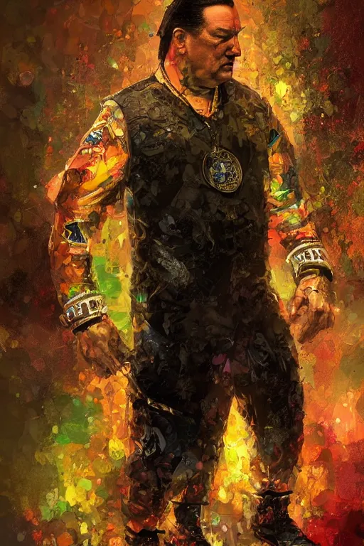 Image similar to sad steven seagal full body portrait in handcuffs, intricate, highly detailed, digital painting, artstation, concept art, smooth, sharp focus, illustration, whimsical background by marc simonetti, artwork by liam wong, patriotic, handcuffs!!!!!!!!