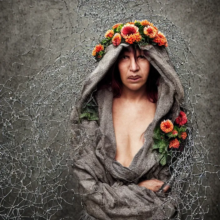 Prompt: closeup portrait of a woman wearing a hooded cloak made of zinnias and barbed wire, in a derelict house, by Martin Schoeller, natural light, detailed face, CANON Eos C300, ƒ1.8, 35mm, 8K, medium-format print