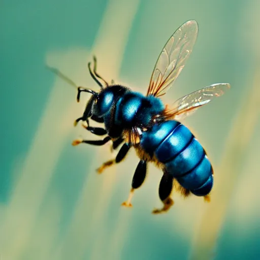 Prompt: macro photo of blue bee, kodak portra 4 0 0 color negative film