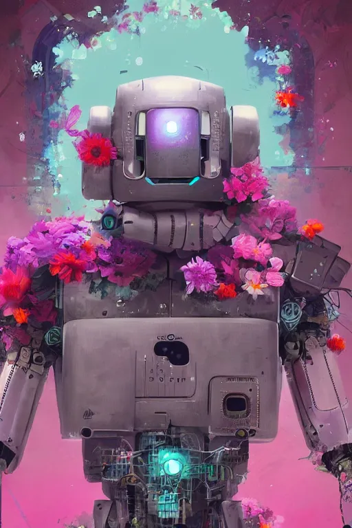 Prompt: a digital painting of a robot with flowers, cyberpunk art by Filip Hodas, cgsociety, panfuturism, made of flowers, dystopian art, vaporwave