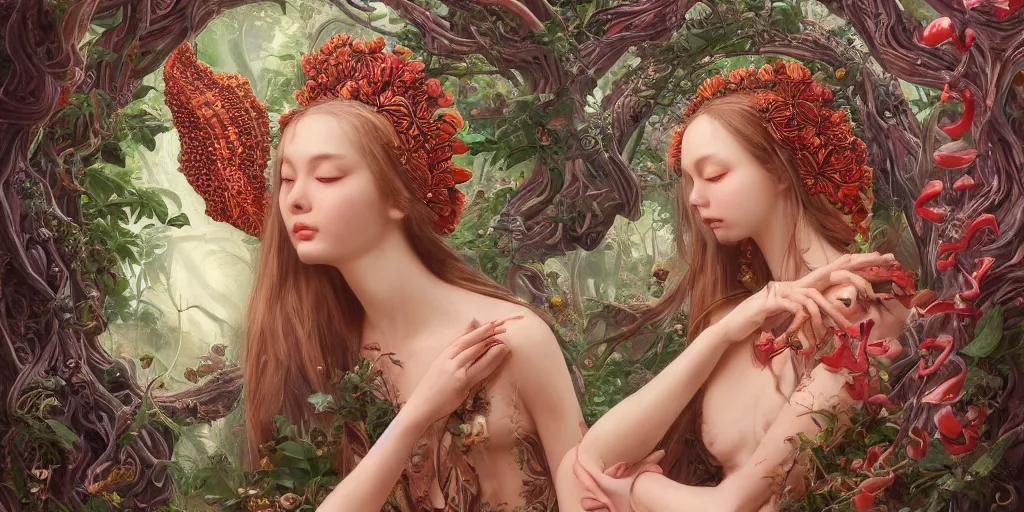 Image similar to breathtaking detailed concept art painting of the goddess of rafflesia arnoldii flowers, orthodox saint, with anxious, piercing eyes, ornate background, amalgamation of leaves and flowers, by Hsiao-Ron Cheng, James jean, Miho Hirano, Hayao Miyazaki, extremely moody lighting, 8K