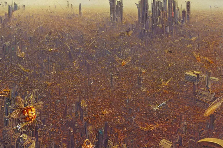 Prompt: oil painting, super - detailed scene of a swarm of insects overtaking a futuristic city, entomology, japanese sci - fi books art, artwork by jean giraud and zdzislaw beksinski and alphonse mucha and hr giger, hd, 4 k, high quality